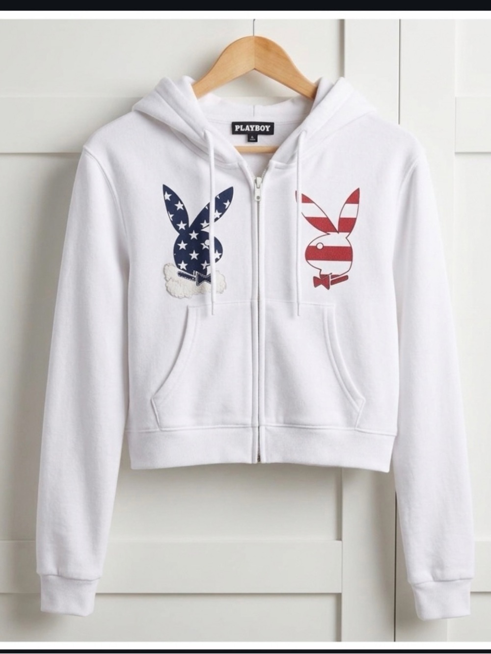PLAYBOY White Zip Hoodie with Red & Blue Flag Bunny Patches